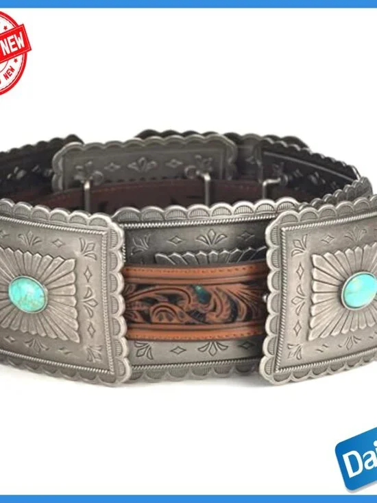 Leather Western Belt with Concho Buckle, Size Small, 1.5" Width - Picture 2 of 7